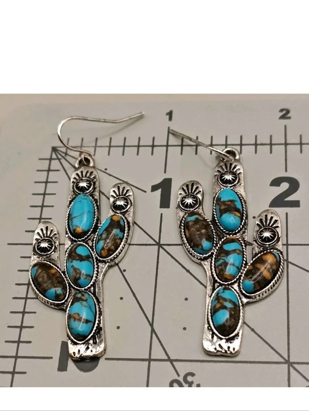 Southwestern Dangle Earrings Turquoise Saguaro Cactus Etched Sunburst Silver 2